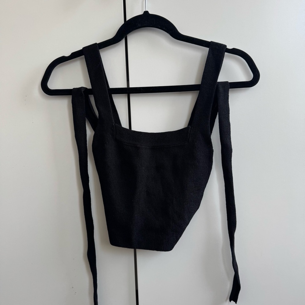 Urban Outfitters Black Ribbed Tie-Back Square Crop Top